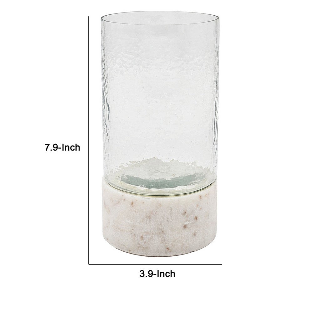 Candle Holder with Textured Glass Shade | White Coastal Stone Base | 8"