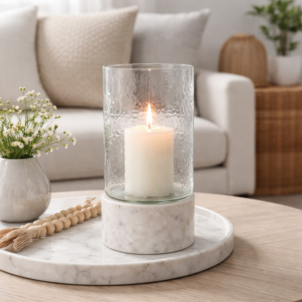 Candle Holder with Textured Glass Shade | White Coastal Stone Base | 8"