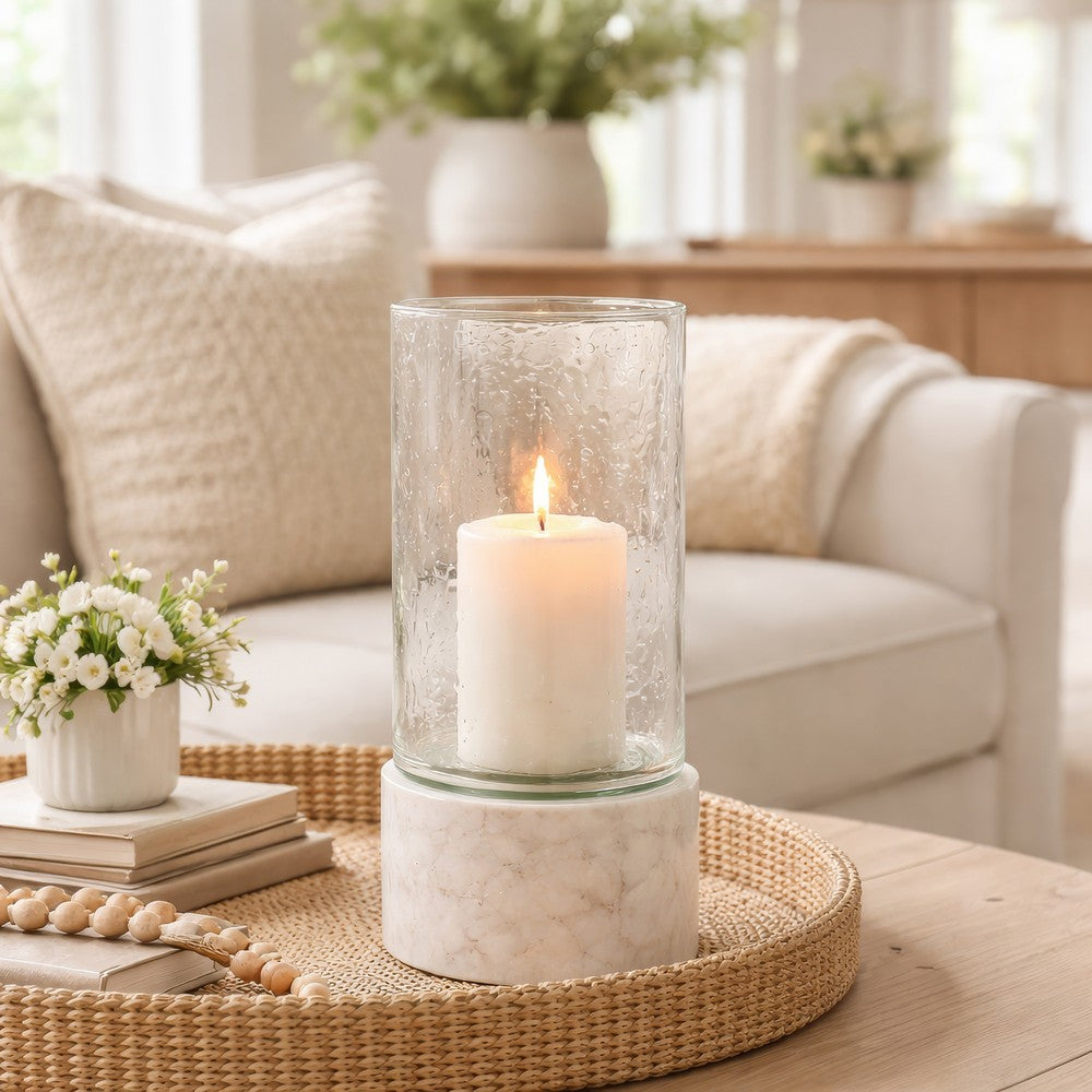 Candle Holder with Textured Glass Shade | White Coastal Stone Base | 8"