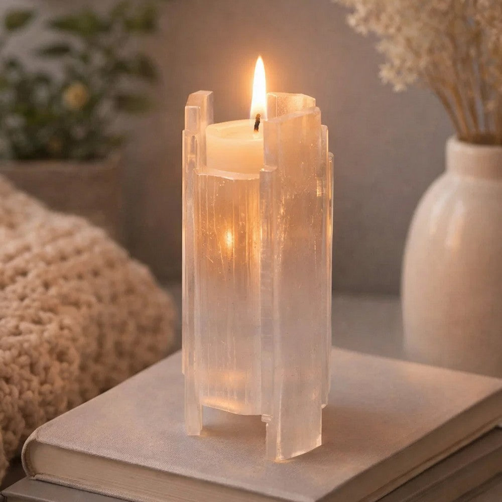 Decorative Candle Holder | Coastal White Selenite Stone | 8"