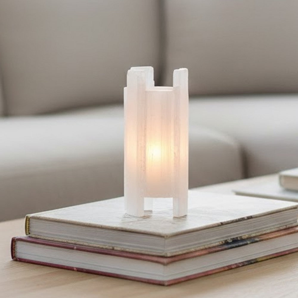 Decorative Candle Holder | Coastal White Selenite Stone | 8"