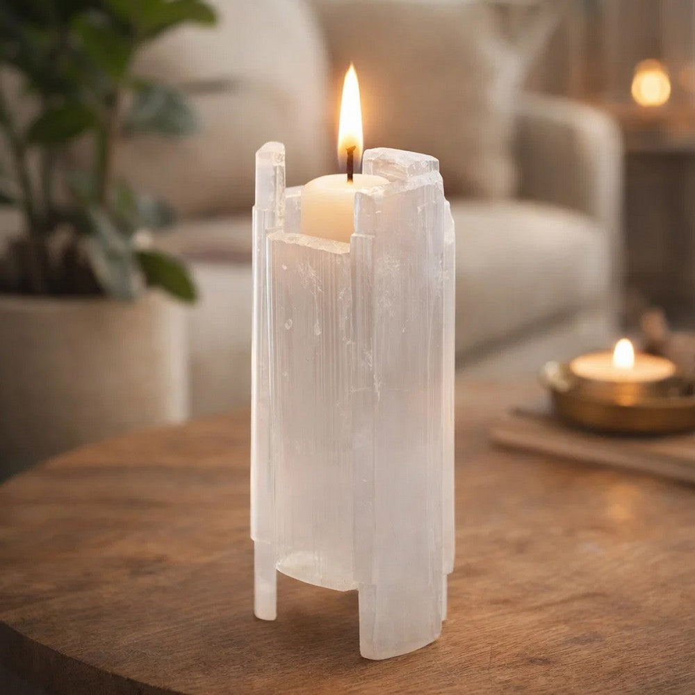 Decorative Candle Holder | Coastal White Selenite Stone | 8"