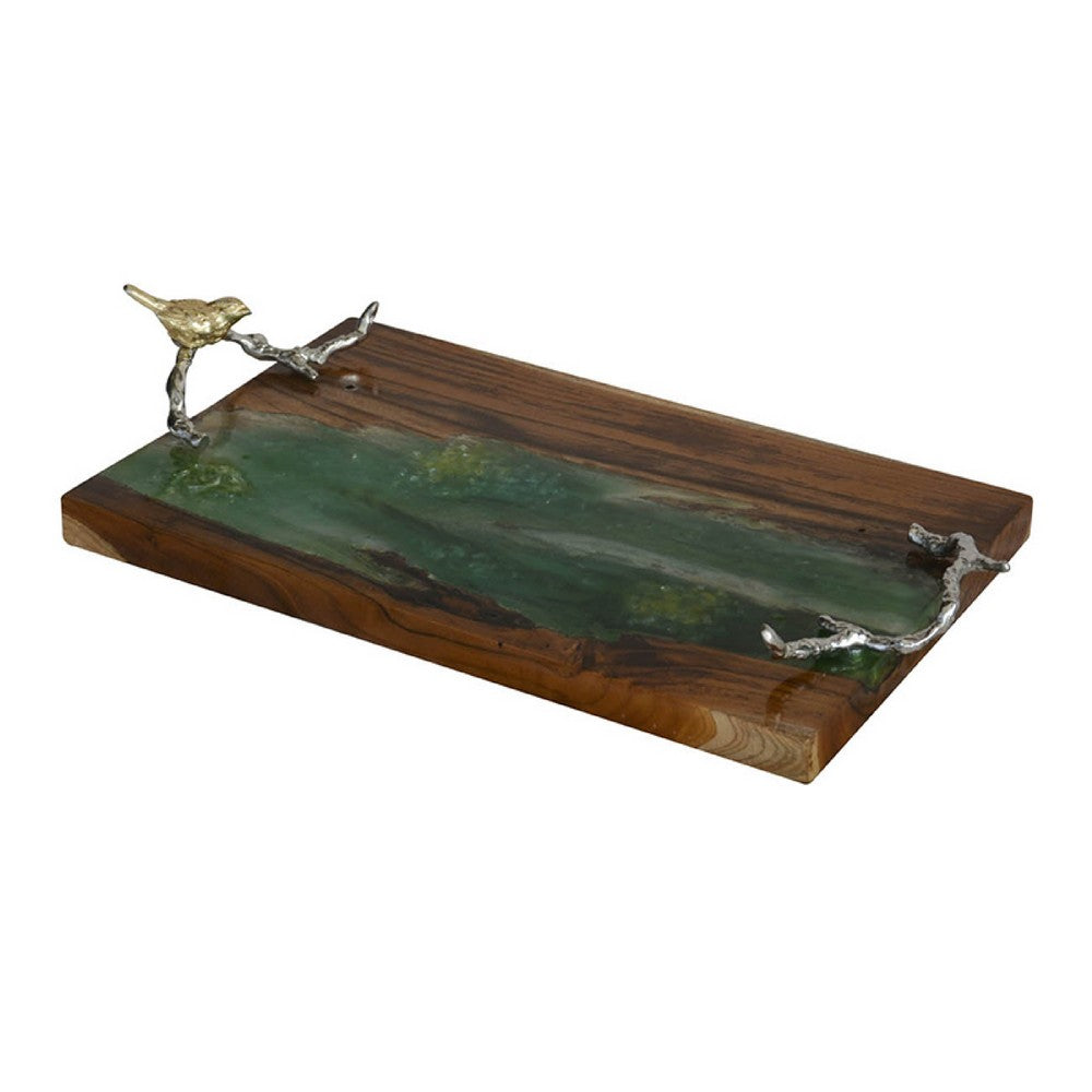 Teak Wood Serving Tray | Emerald Green Resin, Antique Gold Bird | 24"