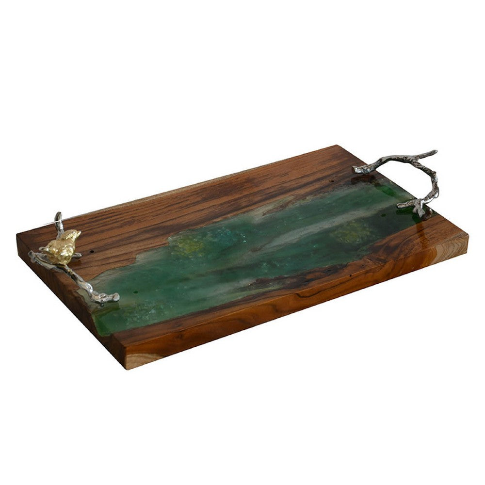 Teak Wood Serving Tray | Emerald Green Resin, Antique Gold Bird | 24"
