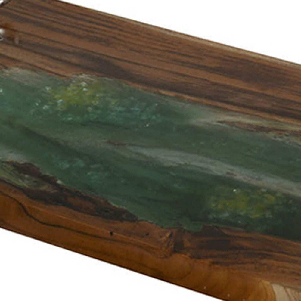 Teak Wood Serving Tray | Emerald Green Resin, Antique Gold Bird | 24"