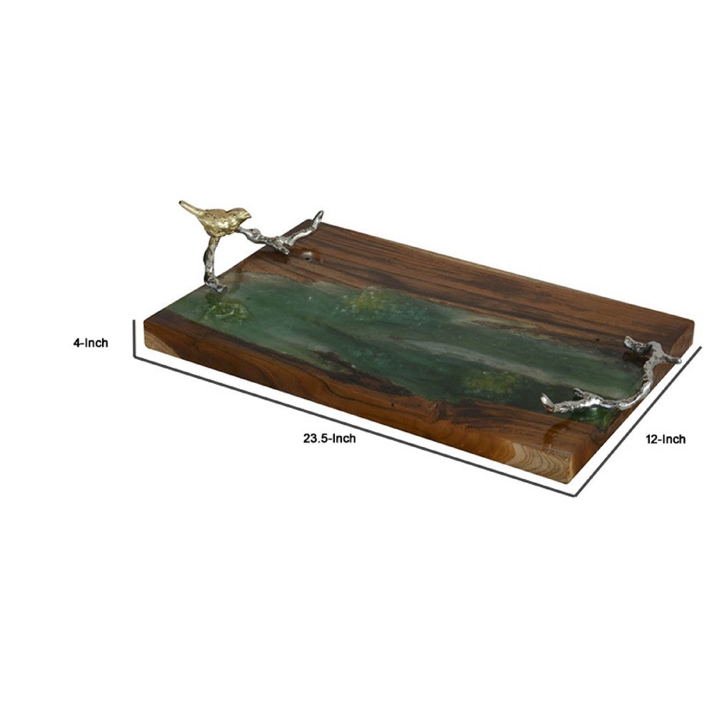Teak Wood Serving Tray | Emerald Green Resin, Antique Gold Bird | 24"