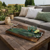 Teak Wood Serving Tray | Emerald Green Resin, Antique Gold Bird | 24"