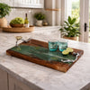 Teak Wood Serving Tray | Emerald Green Resin, Antique Gold Bird | 24"