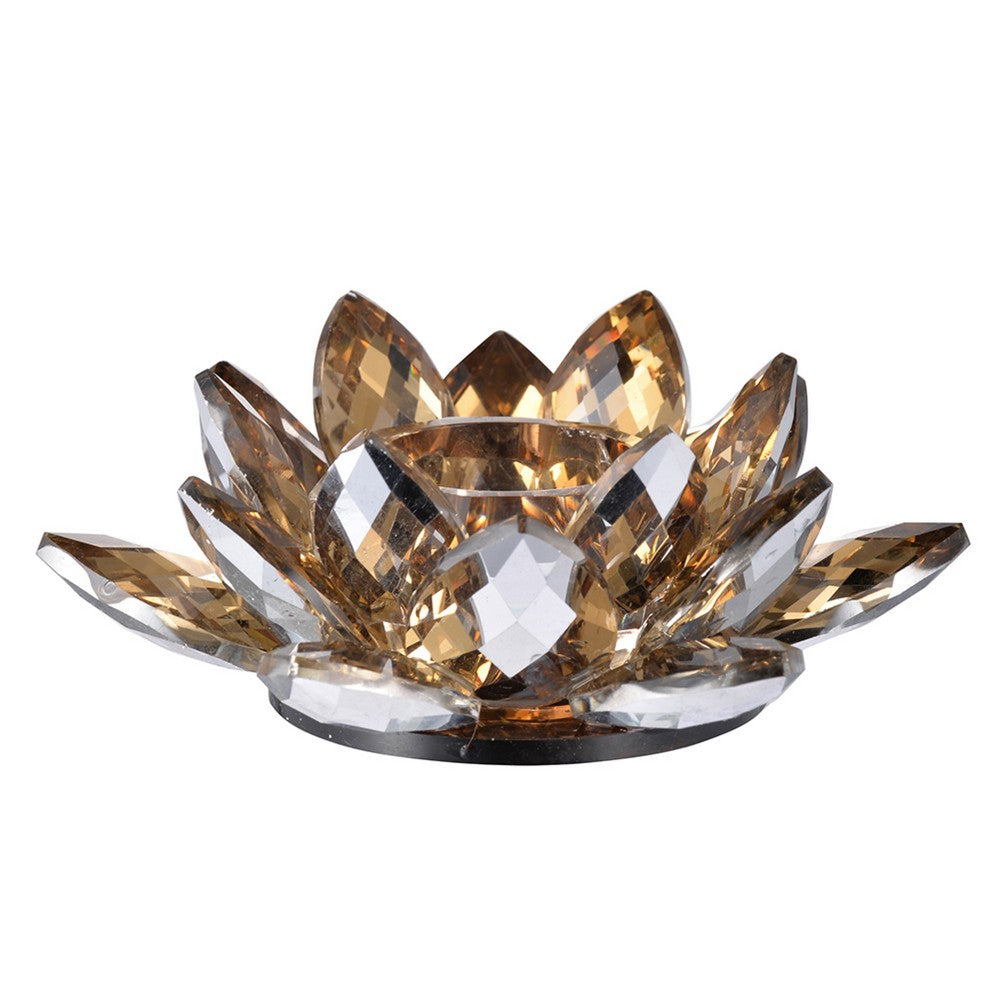 Decorative Candle Holder | Gold Amber Blooming Lotus Glass | 9"