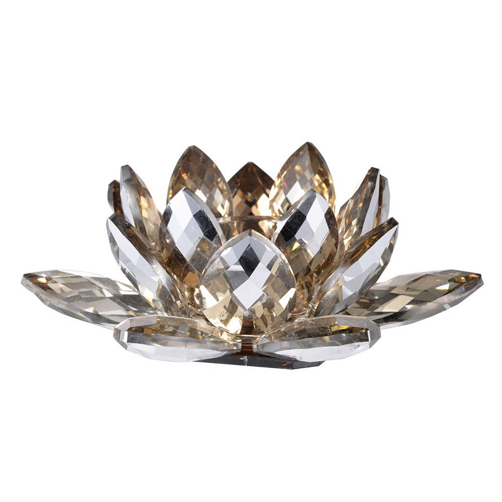 Decorative Candle Holder | Gold Amber Blooming Lotus Glass | 9"
