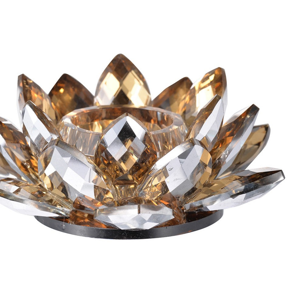 Decorative Candle Holder | Gold Amber Blooming Lotus Glass | 9"