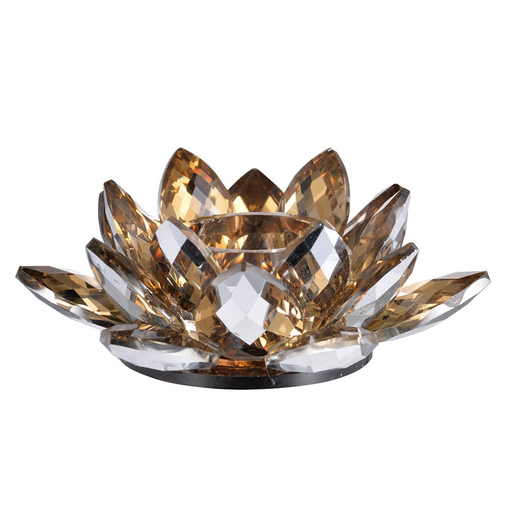 Decorative Candle Holder | Gold Amber Blooming Lotus Glass | 9"