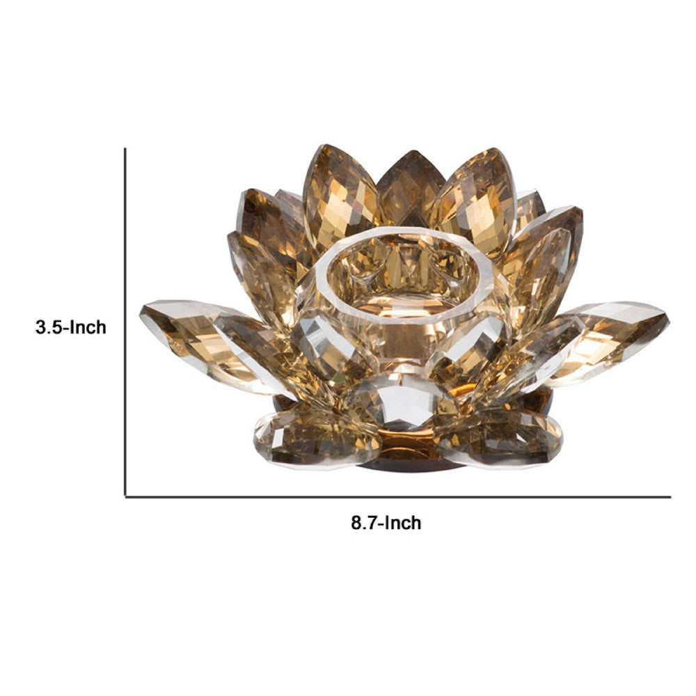 Decorative Candle Holder | Gold Amber Blooming Lotus Glass | 9"