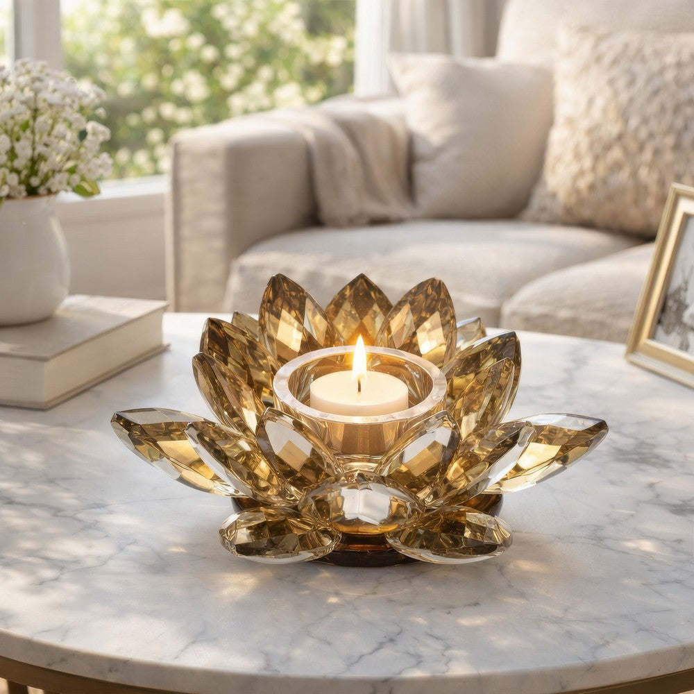 Decorative Candle Holder | Gold Amber Blooming Lotus Glass | 9"