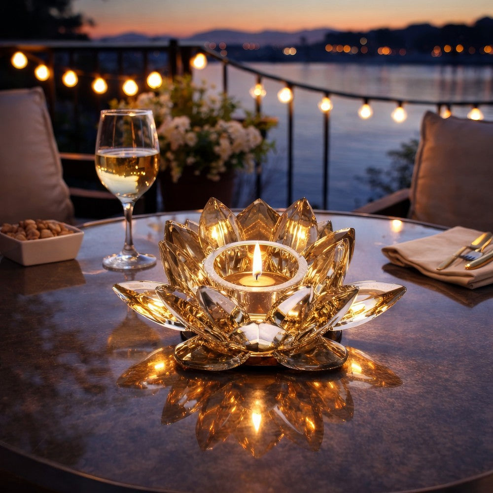 Decorative Candle Holder | Gold Amber Blooming Lotus Glass | 9"