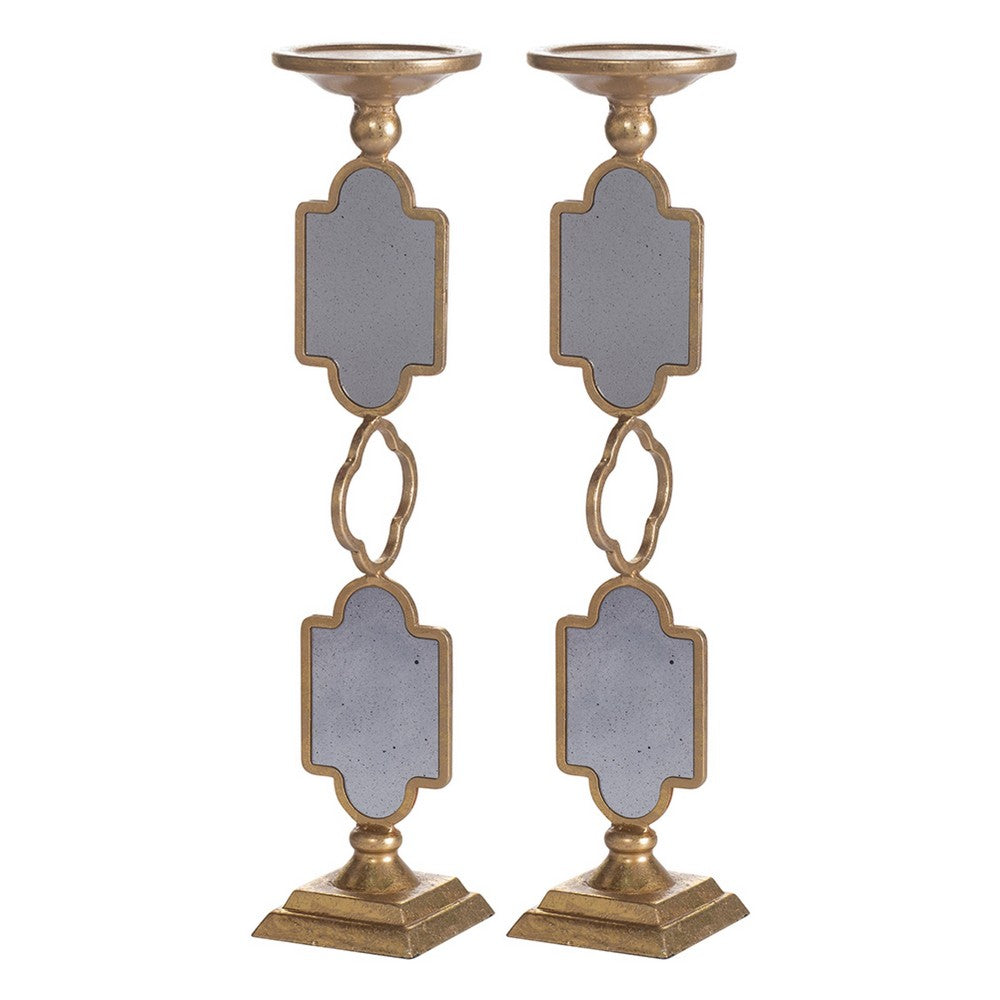 Candle Holders Set of 2 | 17" Gold Metal Frame | Mirrored Accent