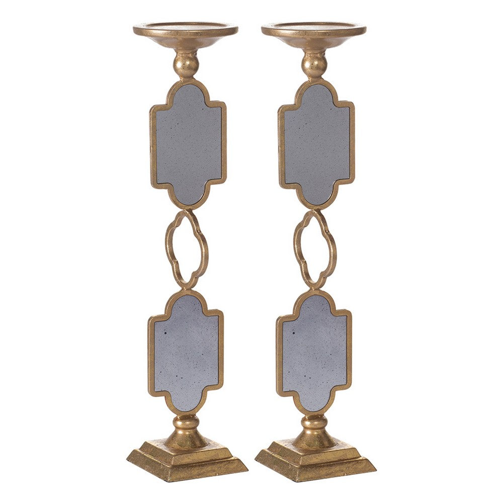 Candle Holders Set of 2 | 17" Gold Metal Frame | Mirrored Accent