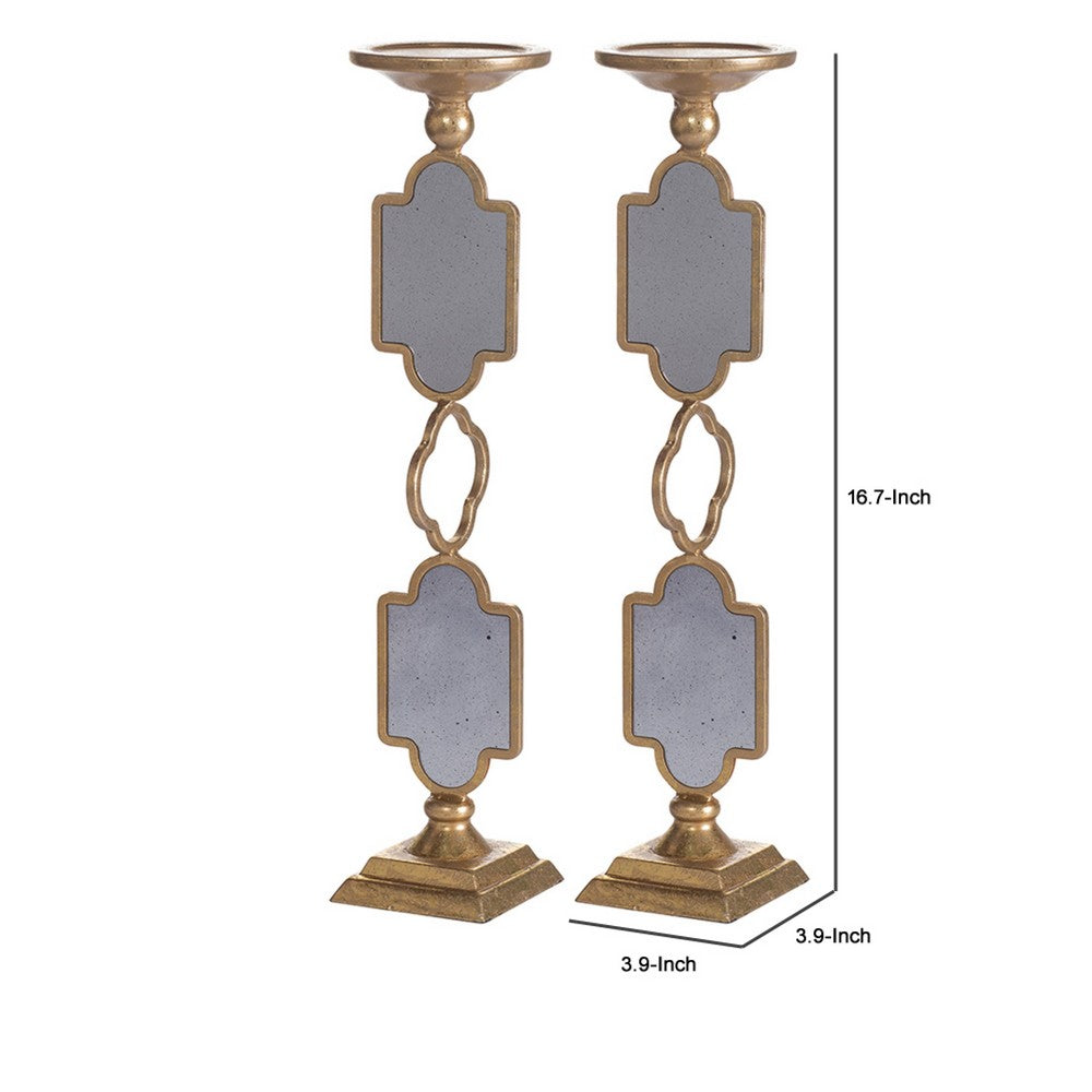 Candle Holders Set of 2 | 17" Gold Metal Frame | Mirrored Accent