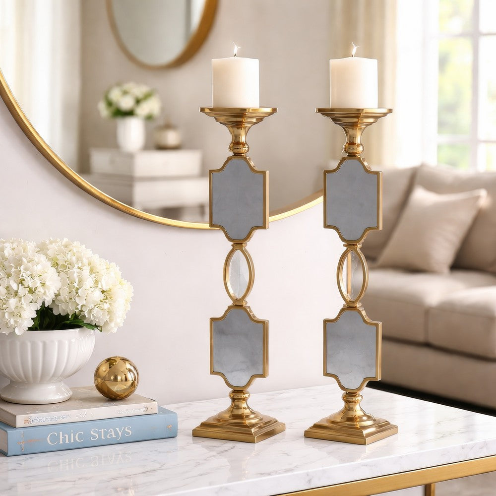 Candle Holders Set of 2 | 17" Gold Metal Frame | Mirrored Accent