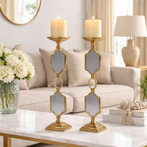 Candle Holders Set of 2 | 17" Gold Metal Frame | Mirrored Accent