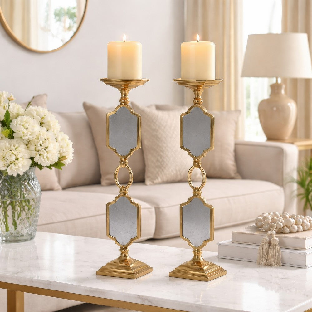 Candle Holders Set of 2 | 17" Gold Metal Frame | Mirrored Accent