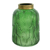 Dsy Floral Vase with Gold Rim | Embossed Fern Leaf | Green Glass 8"