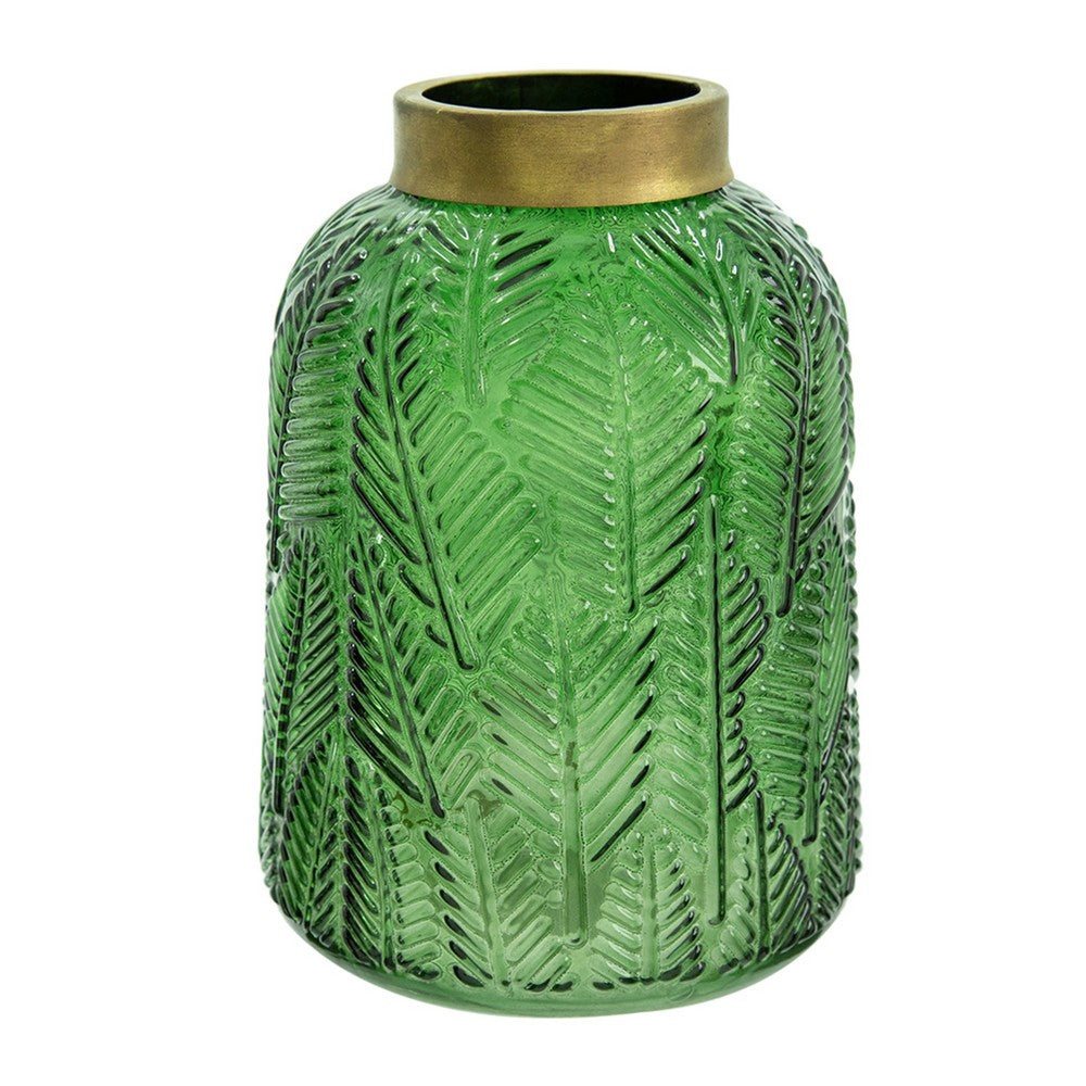 Dsy Floral Vase with Gold Rim | Embossed Fern Leaf | Green Glass 8"