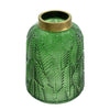 Dsy Floral Vase with Gold Rim | Embossed Fern Leaf | Green Glass 8"