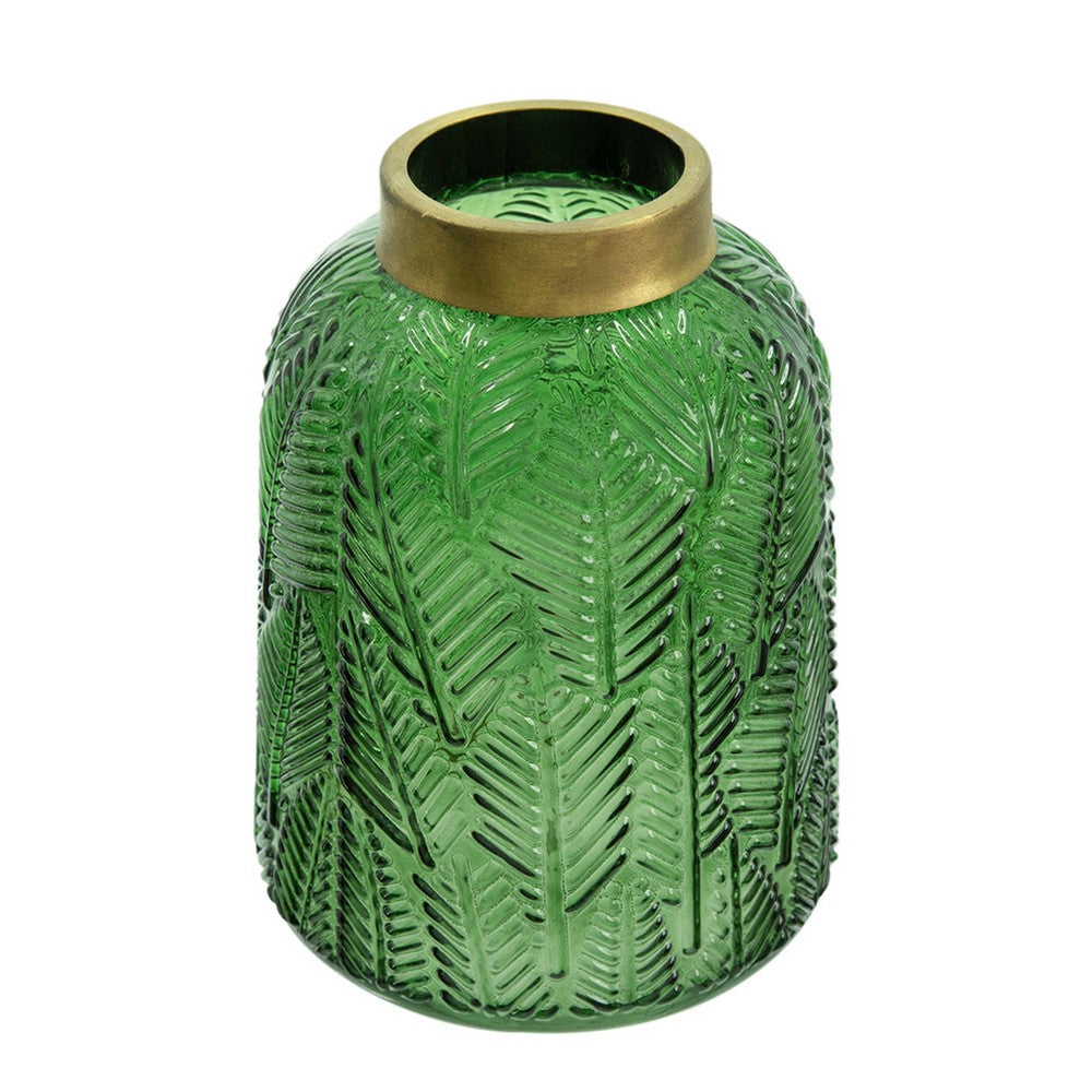 Dsy Floral Vase with Gold Rim | Embossed Fern Leaf | Green Glass 8"