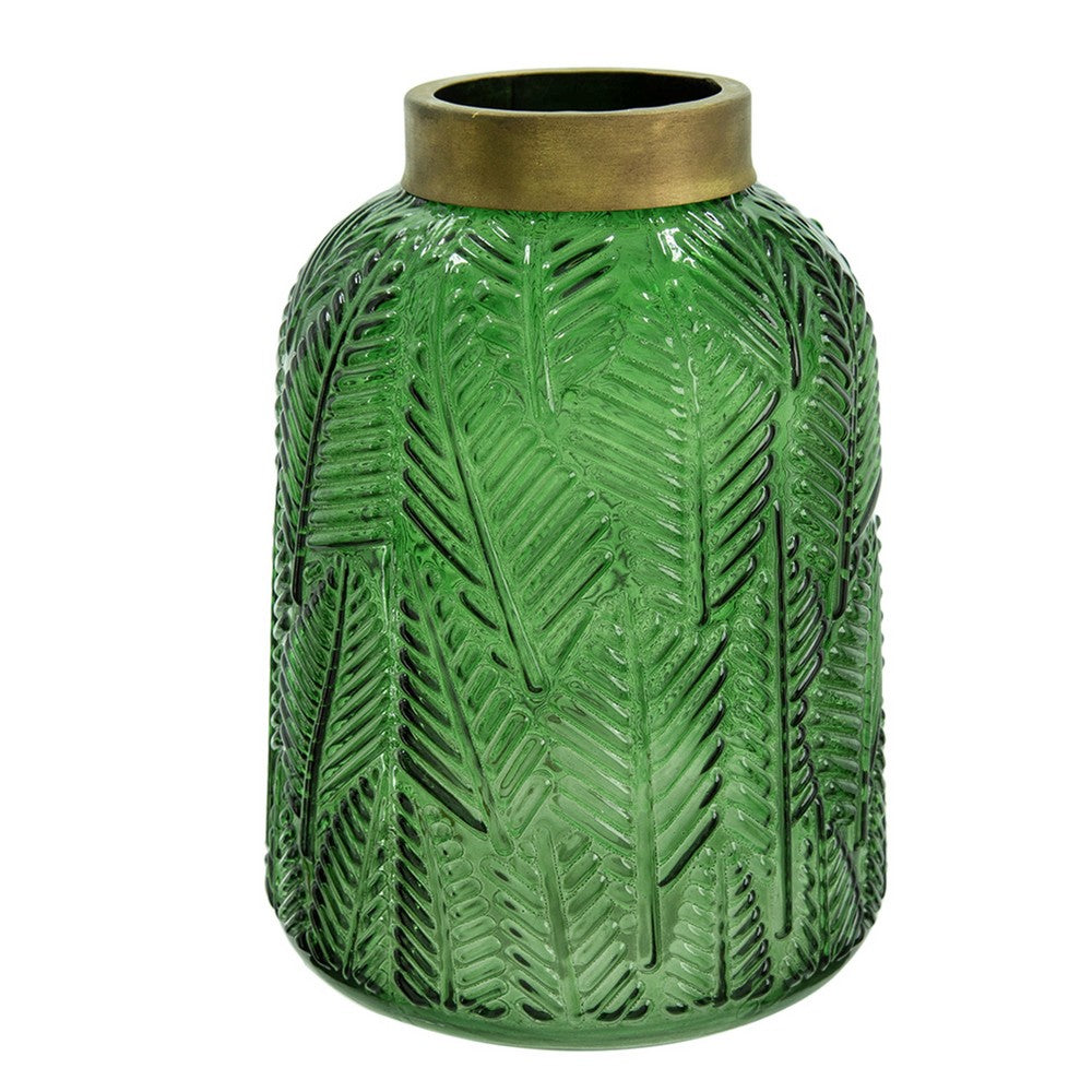 Dsy Floral Vase with Gold Rim | Embossed Fern Leaf | Green Glass 8"
