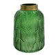 Dsy Floral Vase with Gold Rim | Embossed Fern Leaf | Green Glass 8"