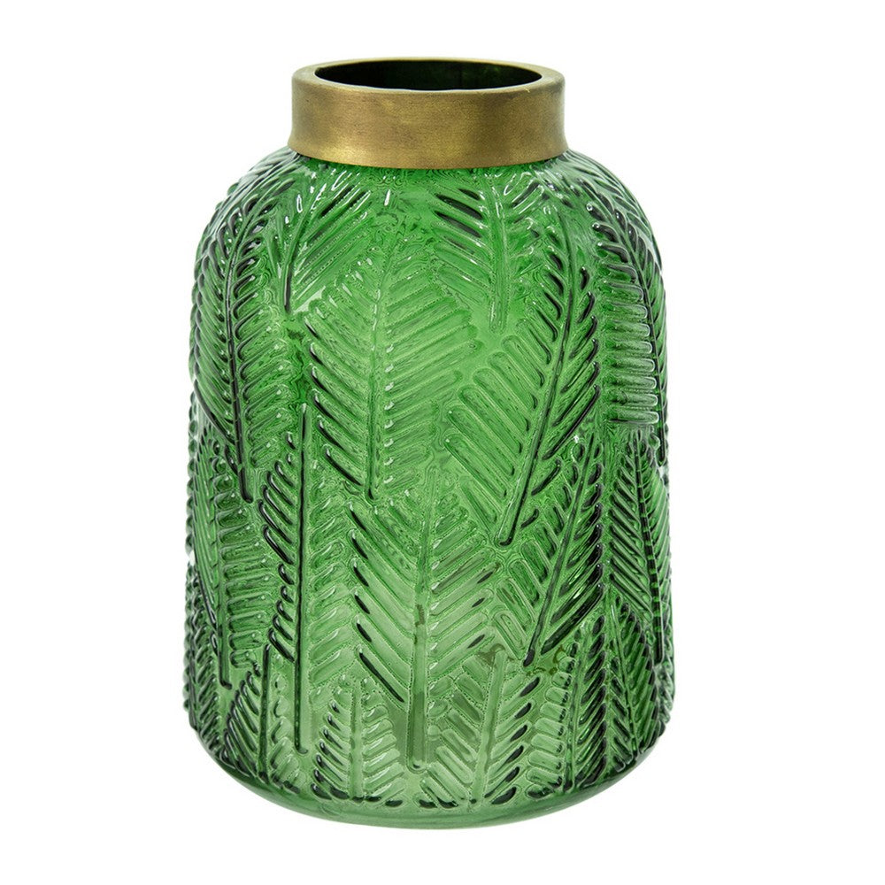 Dsy Floral Vase with Gold Rim | Embossed Fern Leaf | Green Glass 8"
