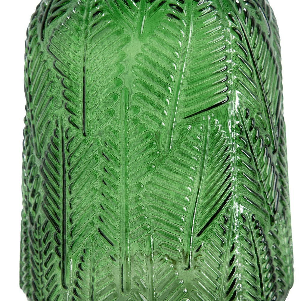 Dsy Floral Vase with Gold Rim | Embossed Fern Leaf | Green Glass 8"