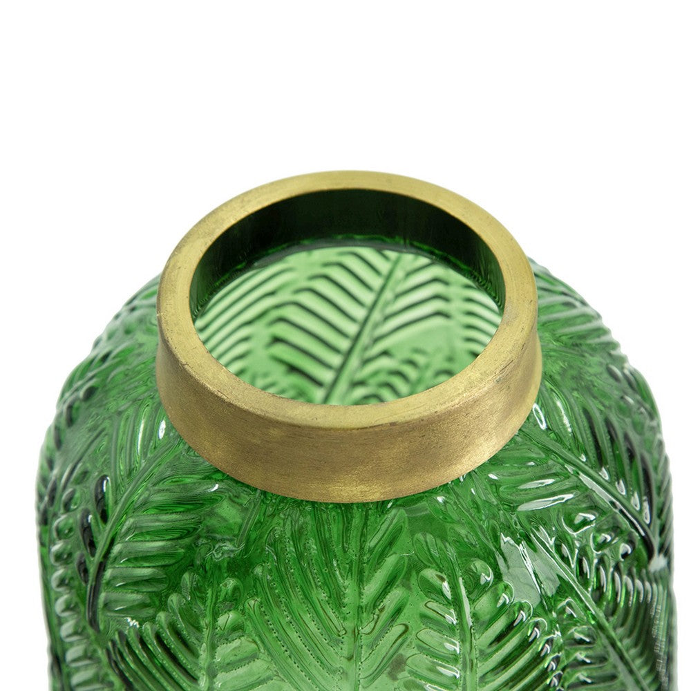 Dsy Floral Vase with Gold Rim | Embossed Fern Leaf | Green Glass 8"