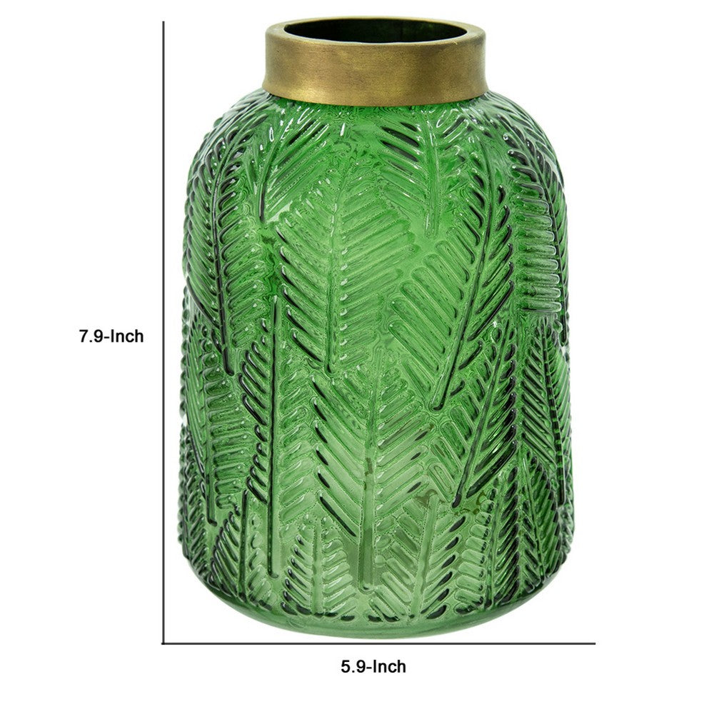 Dsy Floral Vase with Gold Rim | Embossed Fern Leaf | Green Glass 8"