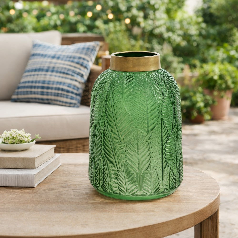 Dsy Floral Vase with Gold Rim | Embossed Fern Leaf | Green Glass 8"