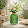 Dsy Floral Vase with Gold Rim | Embossed Fern Leaf | Green Glass 8"