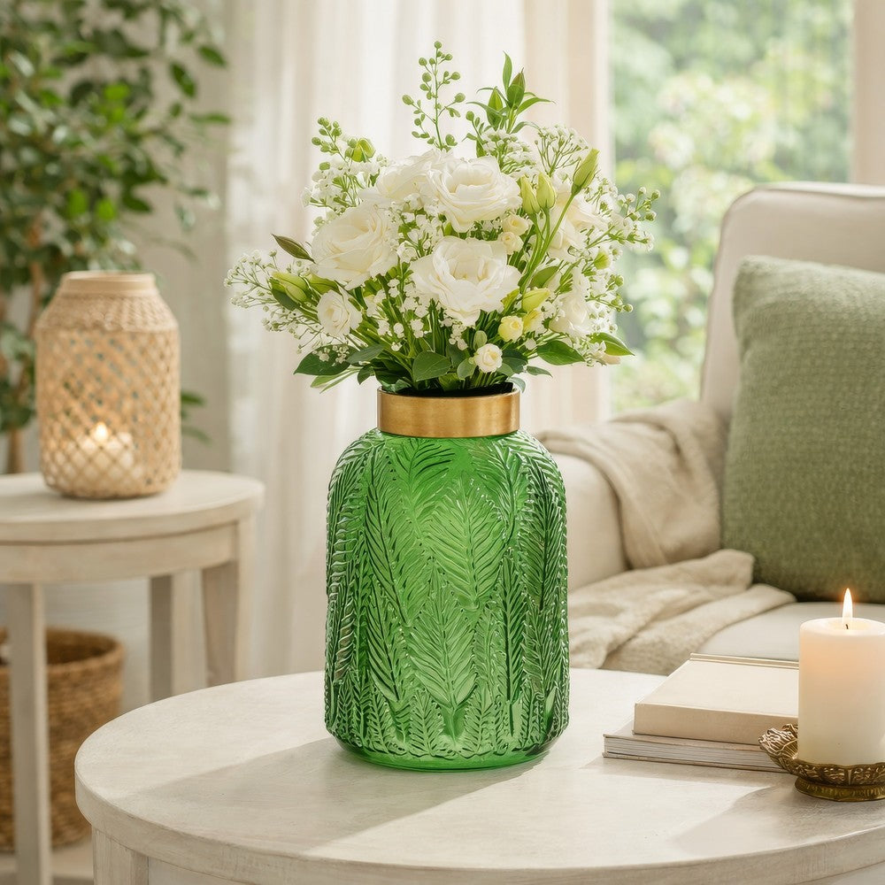 Dsy Floral Vase with Gold Rim | Embossed Fern Leaf | Green Glass 8"