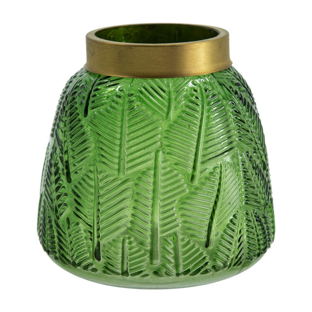 Dsy Floral Vase with Gold Rim | Embossed Fern Leaf | Green Glass 6"