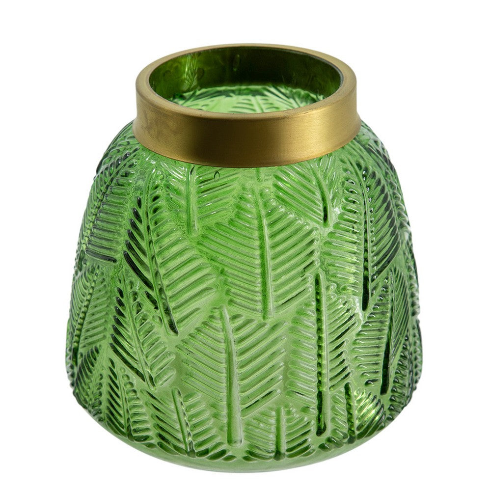 Dsy Floral Vase with Gold Rim | Embossed Fern Leaf | Green Glass 6"