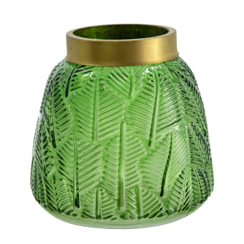 Dsy Floral Vase with Gold Rim | Embossed Fern Leaf | Green Glass 6"