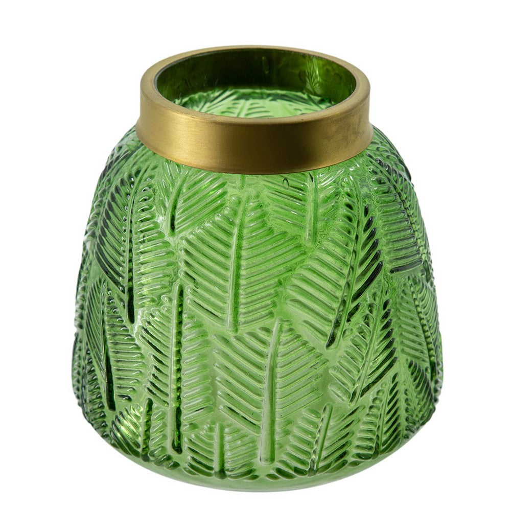 Dsy Floral Vase with Gold Rim | Embossed Fern Leaf | Green Glass 6"