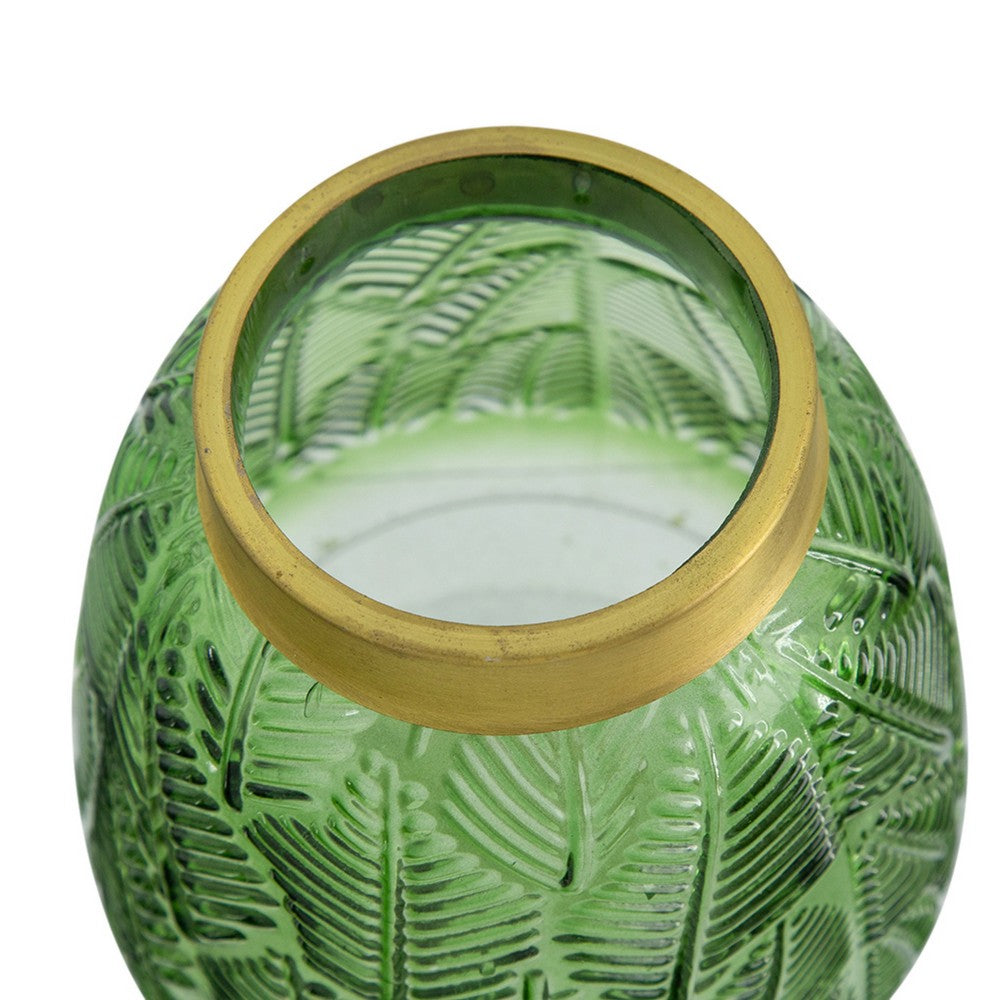 Dsy Floral Vase with Gold Rim | Embossed Fern Leaf | Green Glass 6"