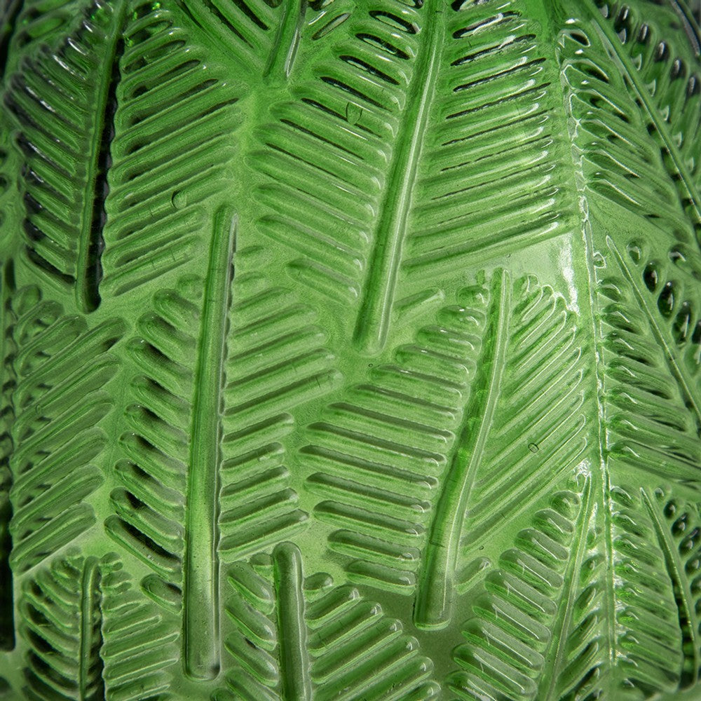 Dsy Floral Vase with Gold Rim | Embossed Fern Leaf | Green Glass 6"