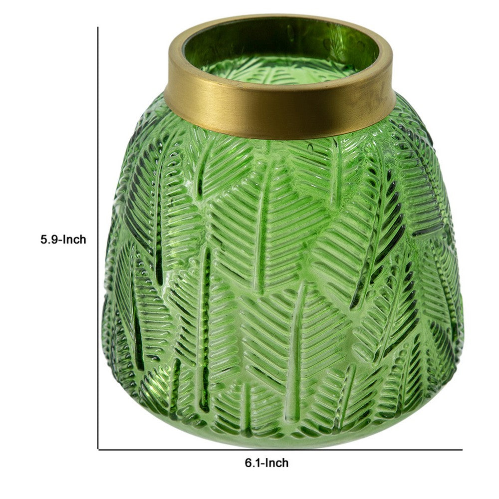 Dsy Floral Vase with Gold Rim | Embossed Fern Leaf | Green Glass 6"