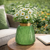 Dsy Floral Vase with Gold Rim | Embossed Fern Leaf | Green Glass 6"