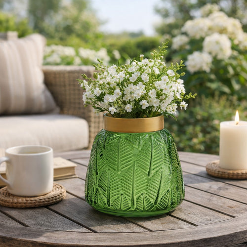 Dsy Floral Vase with Gold Rim | Embossed Fern Leaf | Green Glass 6"