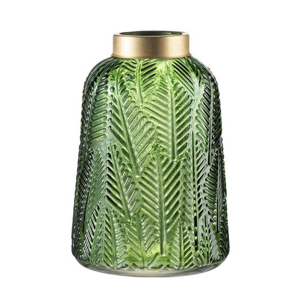 Dsy Floral Vase with Gold Rim | Embossed Fern Leaf | Green Glass 10"