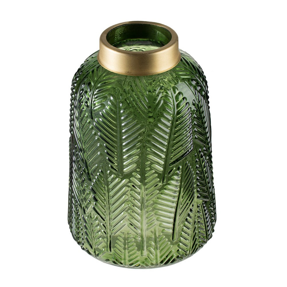 Dsy Floral Vase with Gold Rim | Embossed Fern Leaf | Green Glass 10"