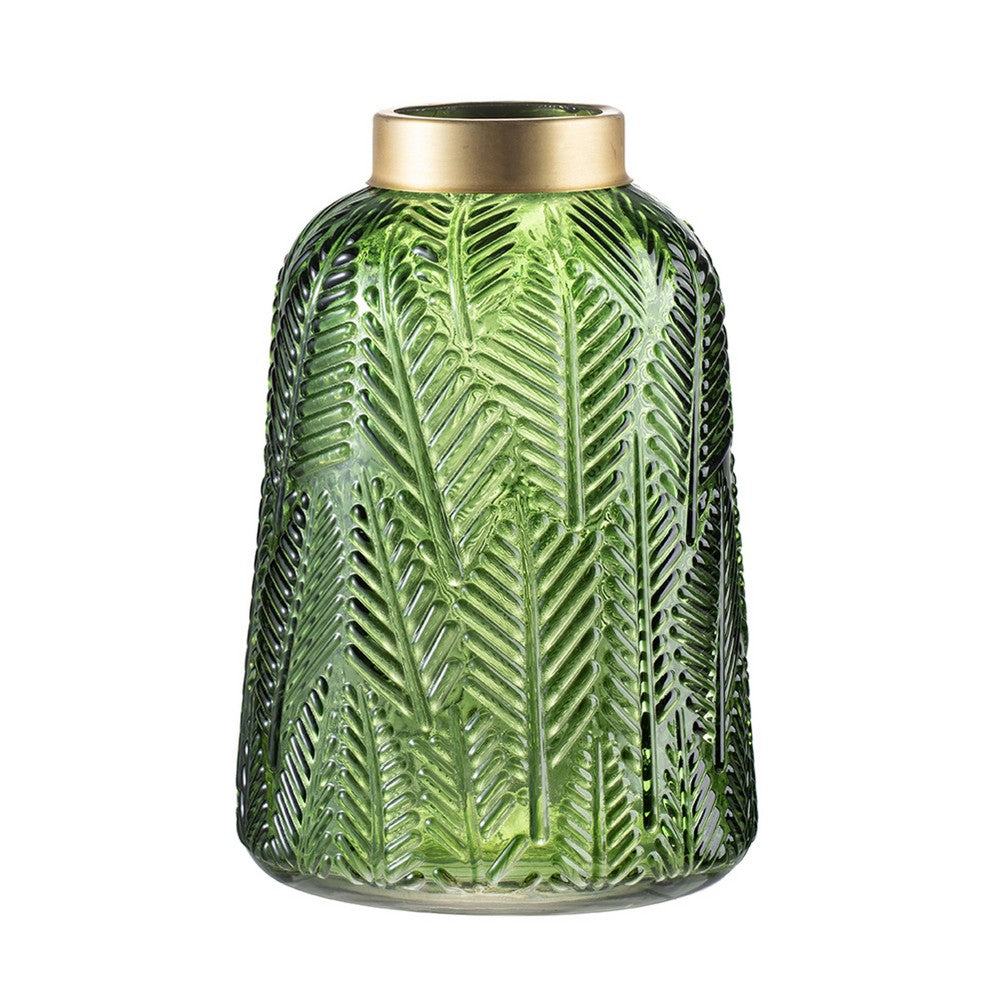 Dsy Floral Vase with Gold Rim | Embossed Fern Leaf | Green Glass 10"